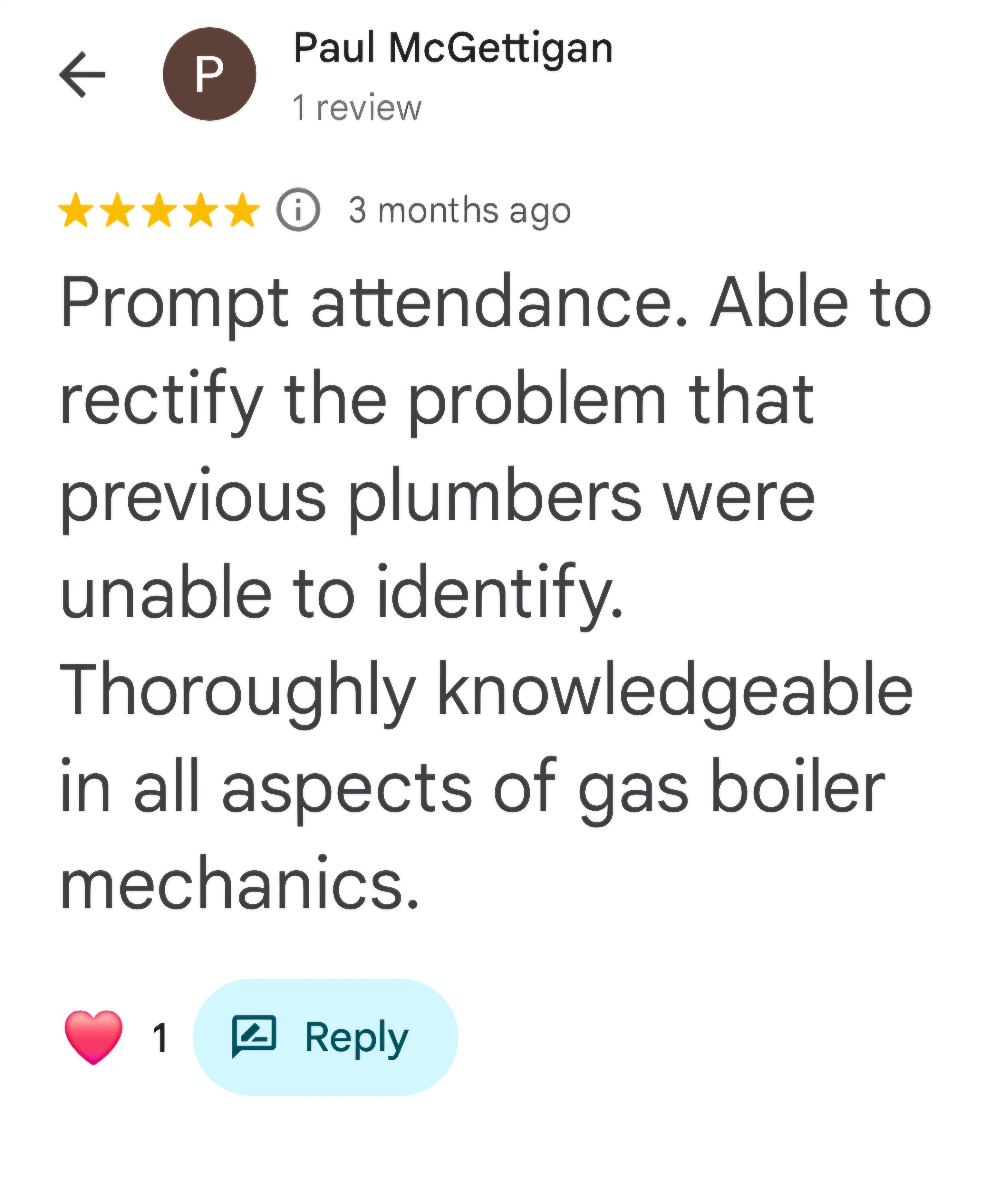 Boiler Repair 5 another happy customer review via google