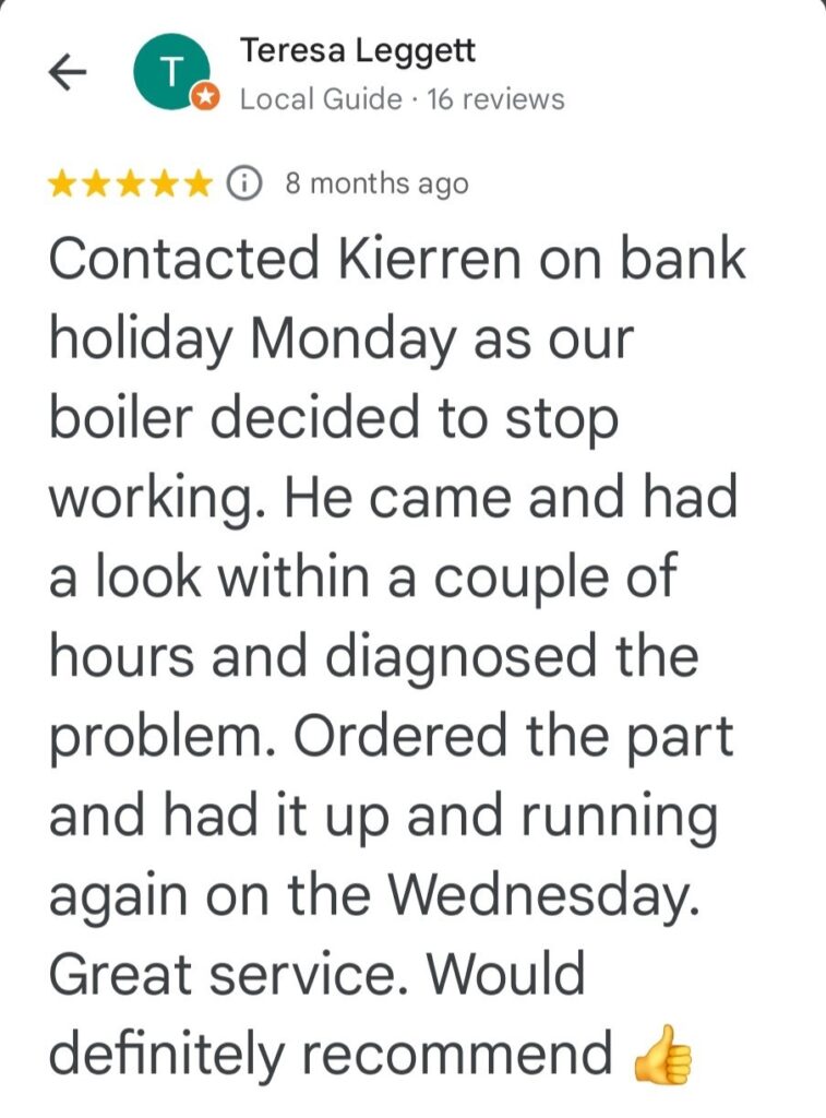 Boiler Repair 4 5 star google review for a boiler repair